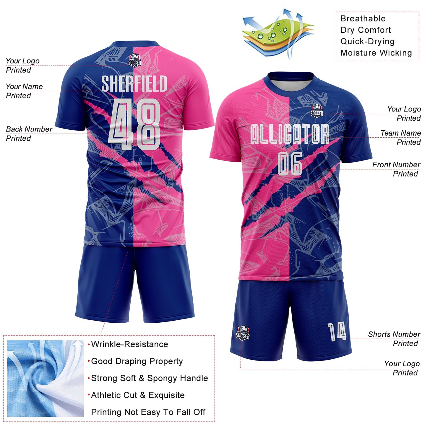 Custom Graffiti Pattern Pink-Royal Scratch Sublimation Soccer Uniform Jersey Limited