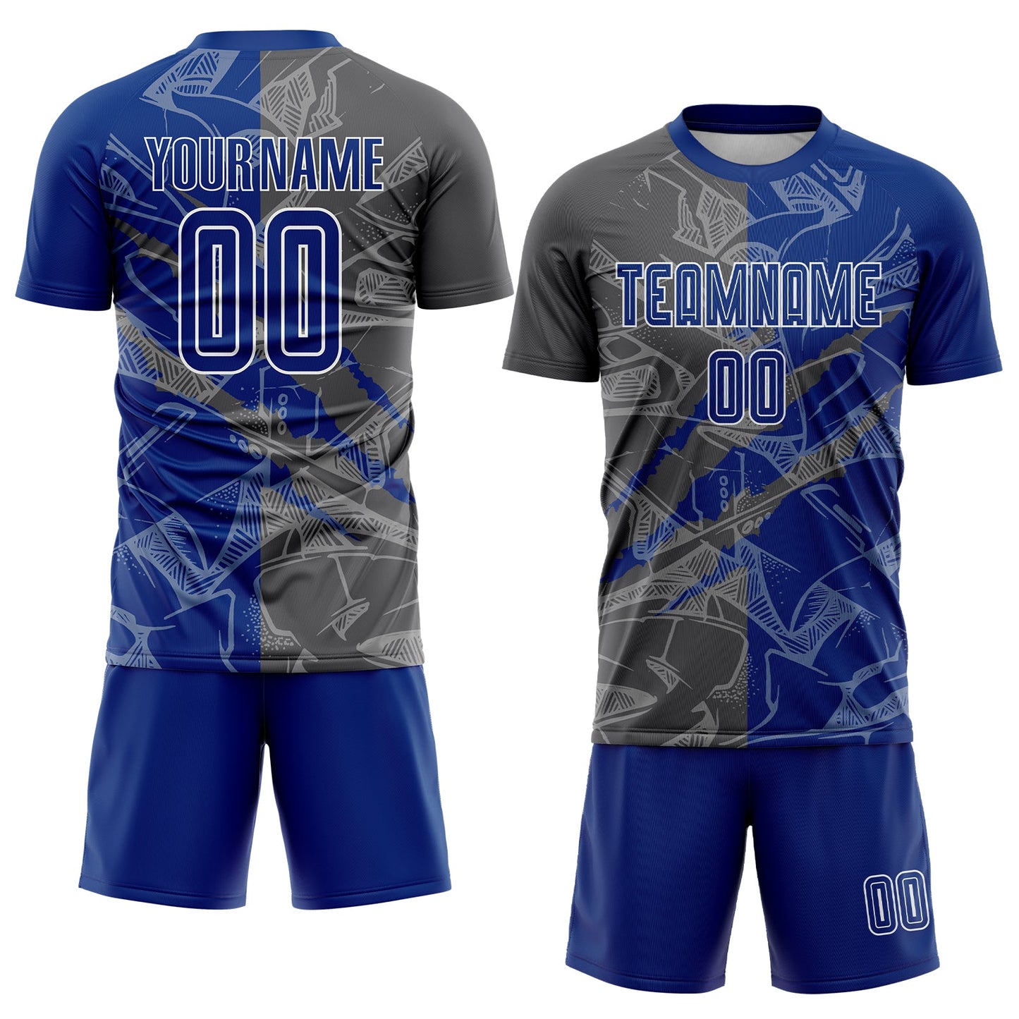 Custom Graffiti Pattern Royal-Steel Gray Scratch Sublimation Soccer Uniform Jersey Limited