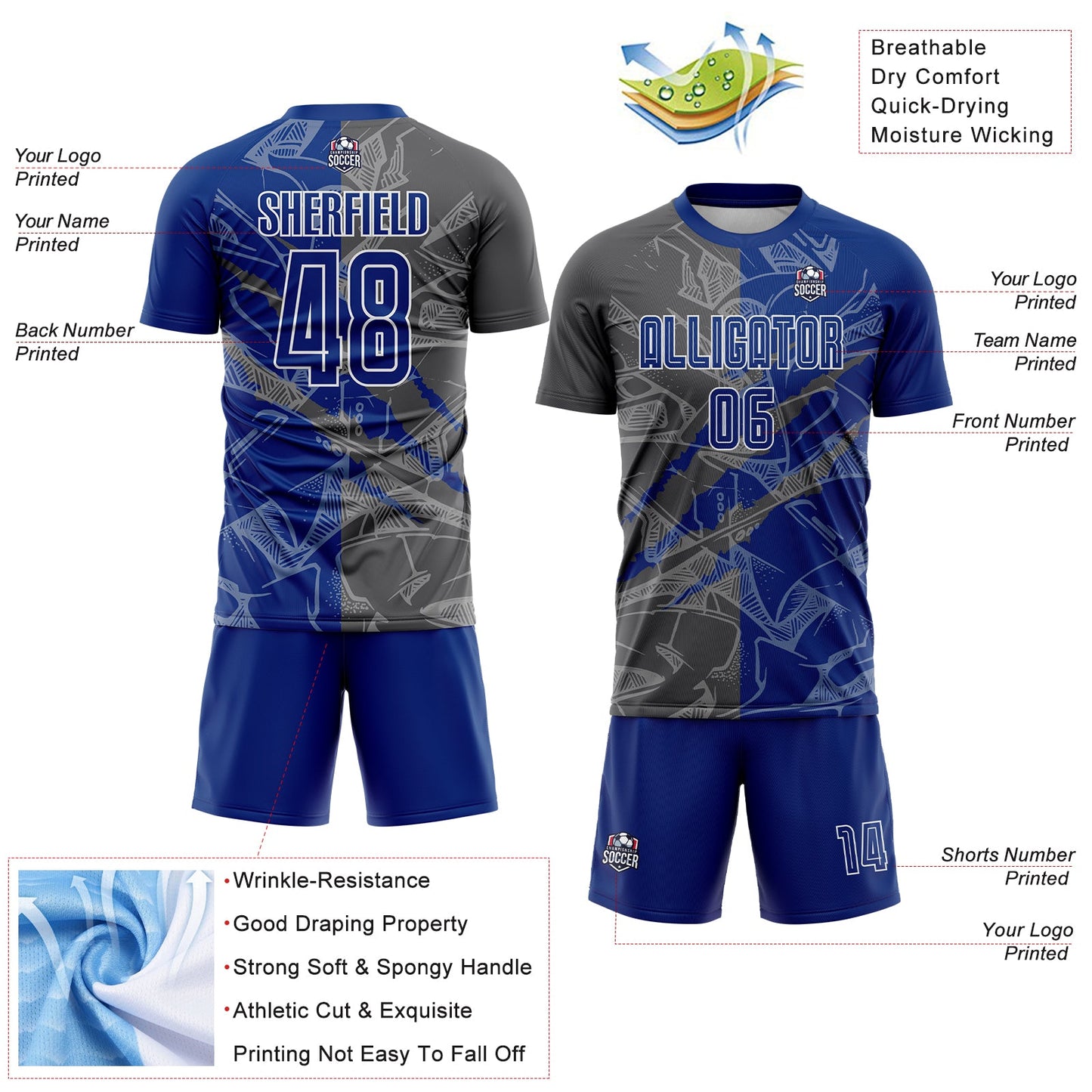 Custom Graffiti Pattern Royal-Steel Gray Scratch Sublimation Soccer Uniform Jersey Limited