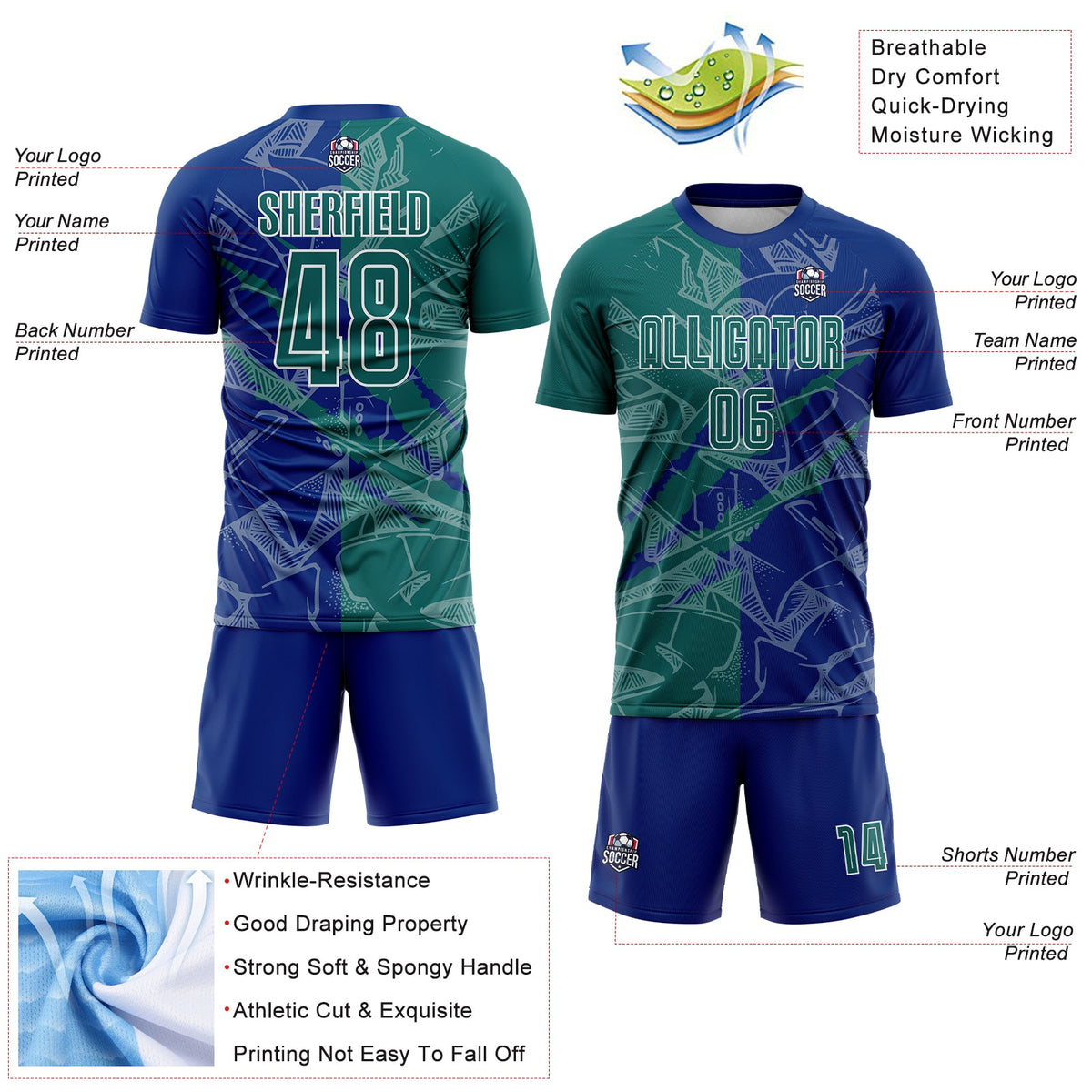 Custom Graffiti Pattern Teal-Royal Scratch Sublimation Soccer Uniform Jersey Limited