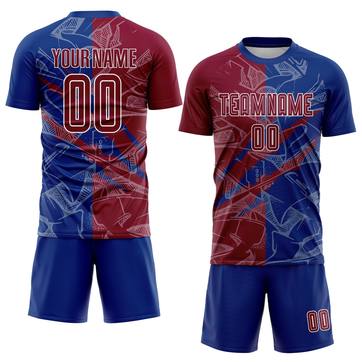 Custom Graffiti Pattern Maroon-Royal Scratch Sublimation Soccer Uniform Jersey Limited