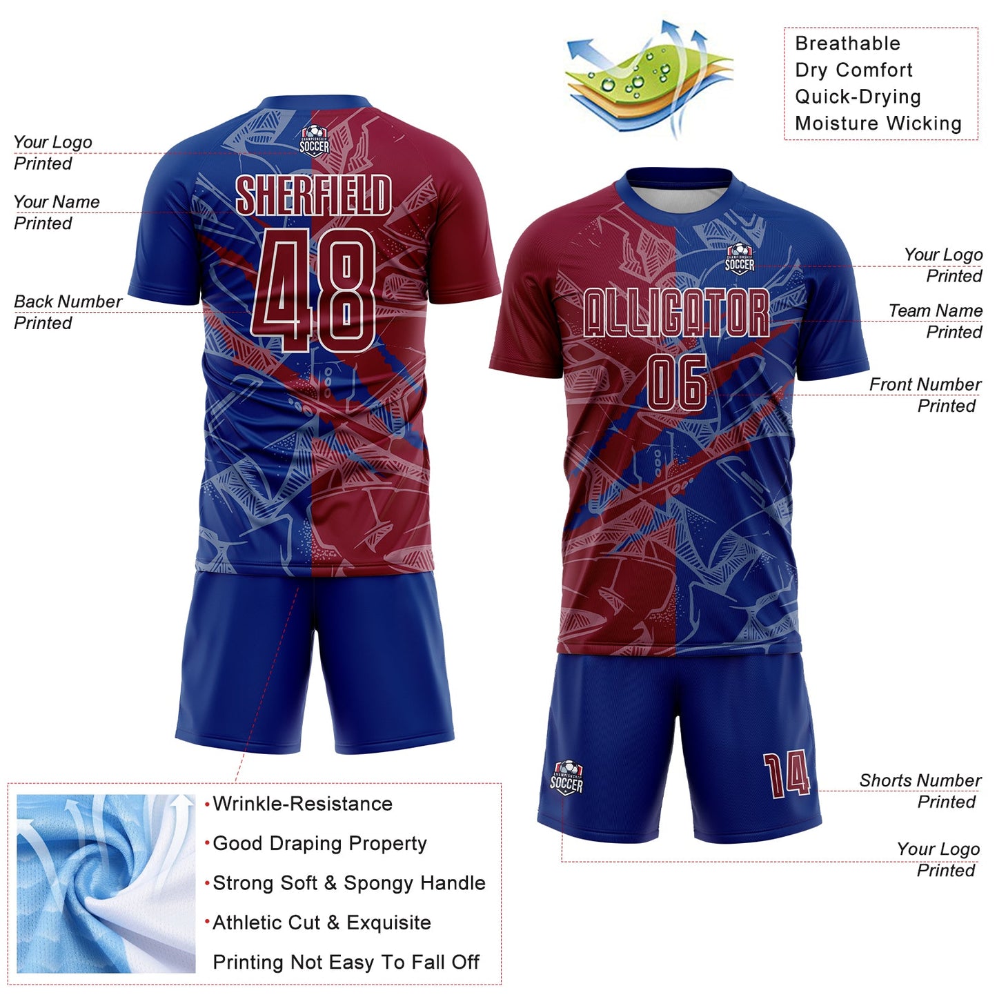 Custom Graffiti Pattern Maroon-Royal Scratch Sublimation Soccer Uniform Jersey Limited