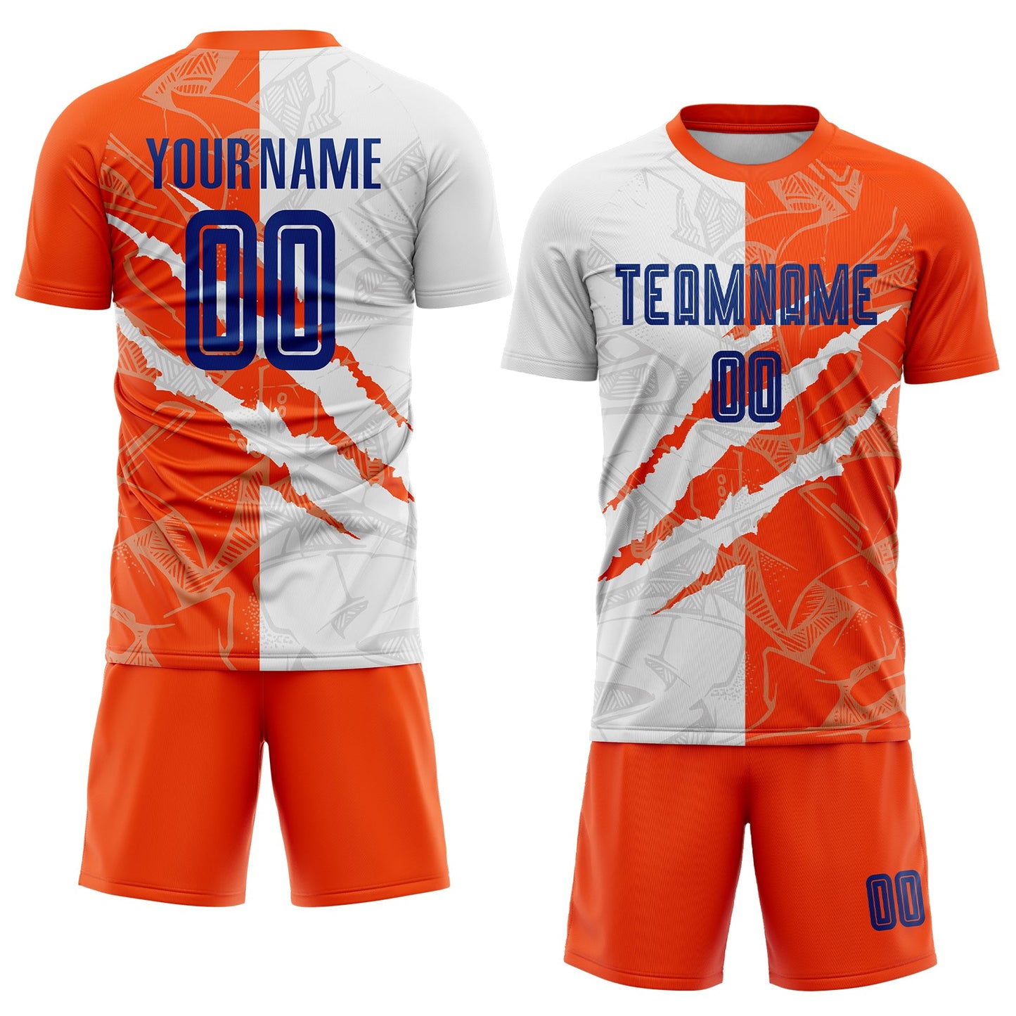 Custom Graffiti Pattern Royal-Orange Scratch Sublimation Soccer Uniform Jersey Limited