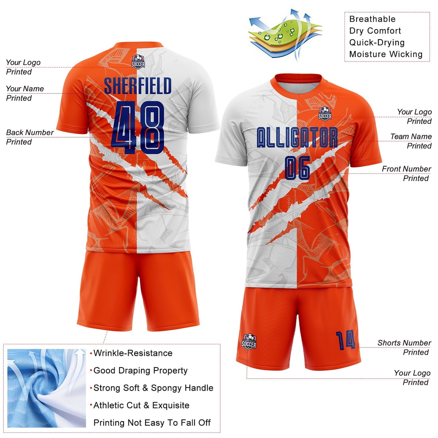Custom Graffiti Pattern Royal-Orange Scratch Sublimation Soccer Uniform Jersey Limited