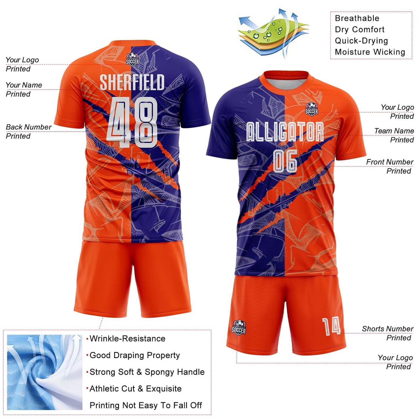 Custom Graffiti Pattern Dark Purple-Orange Scratch Sublimation Soccer Uniform Jersey Limited