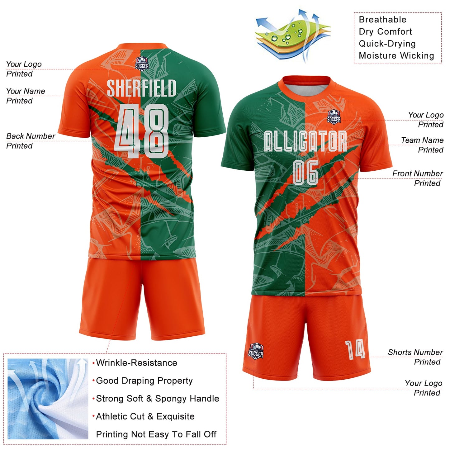 Custom Graffiti Pattern Kelly Green-Orange Scratch Sublimation Soccer Uniform Jersey Limited