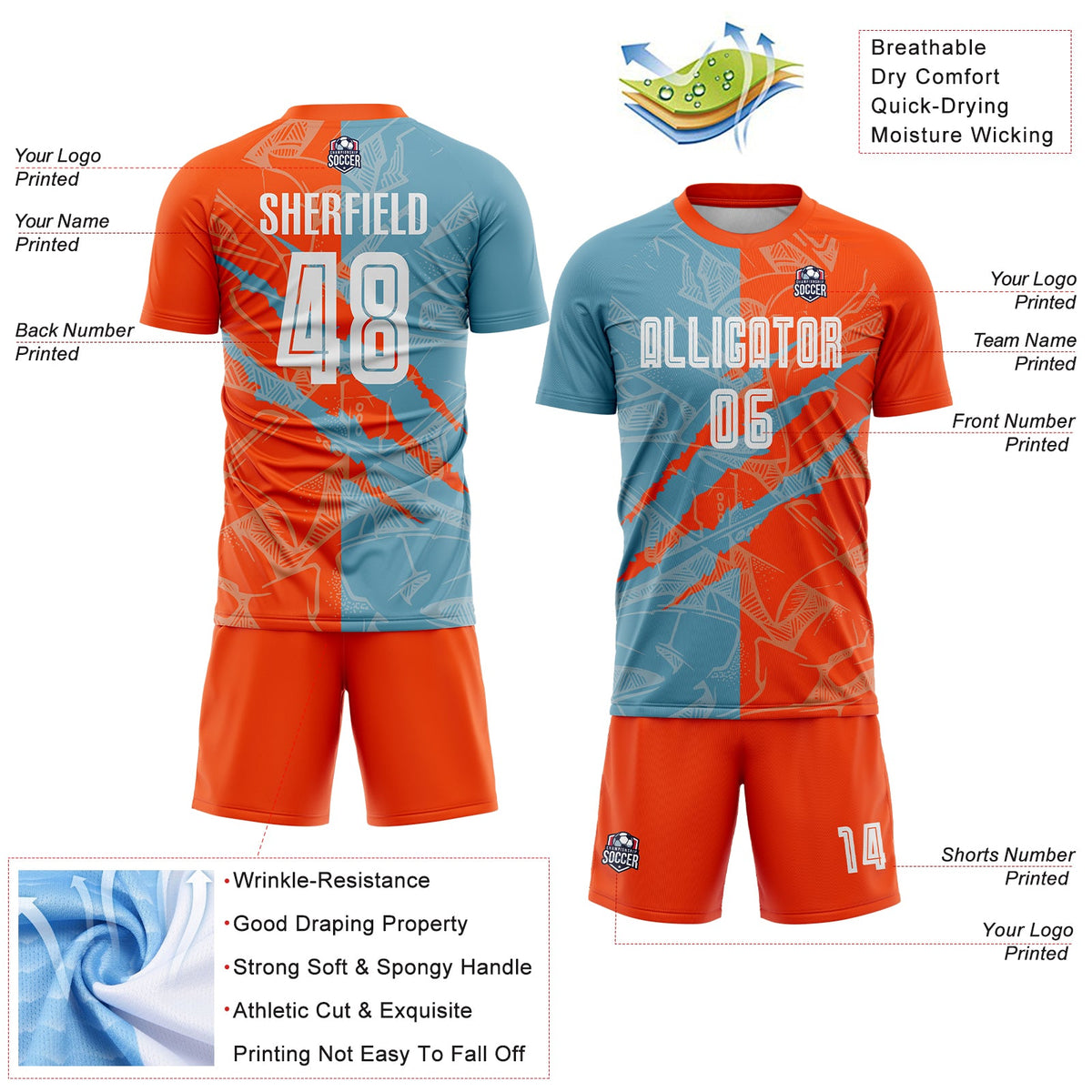 Custom Graffiti Pattern Shadow Blue-Orange Scratch Sublimation Soccer Uniform Jersey Limited