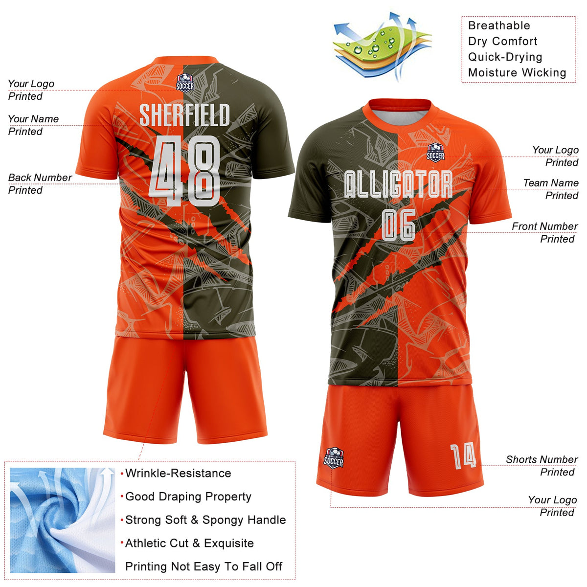 Custom Graffiti Pattern Olive-Orange Scratch Sublimation Soccer Uniform Jersey Limited