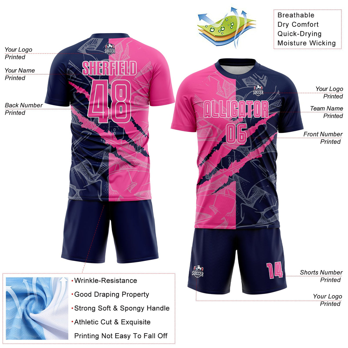 Custom Graffiti Pattern Pink-Navy Scratch Sublimation Soccer Uniform Jersey Limited