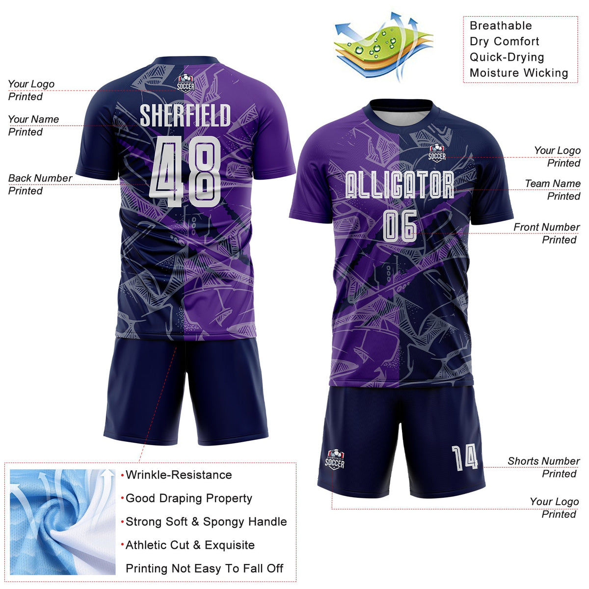 Custom Graffiti Pattern Purple-Navy Scratch Sublimation Soccer Uniform Jersey Limited