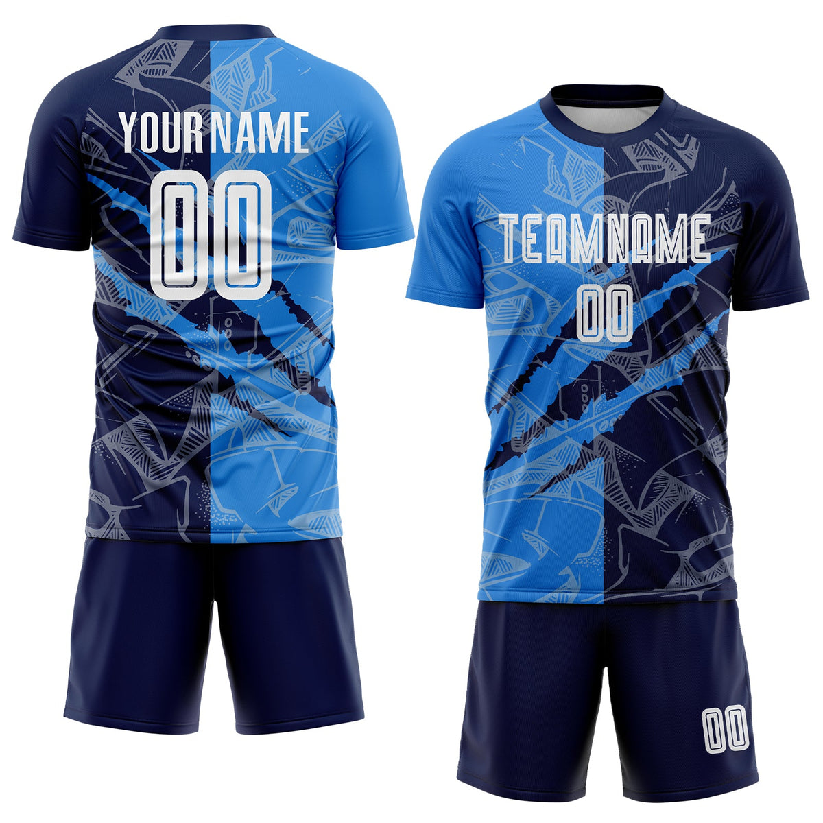 Custom Graffiti Pattern Powder Blue-Navy Scratch Sublimation Soccer Uniform Jersey Limited