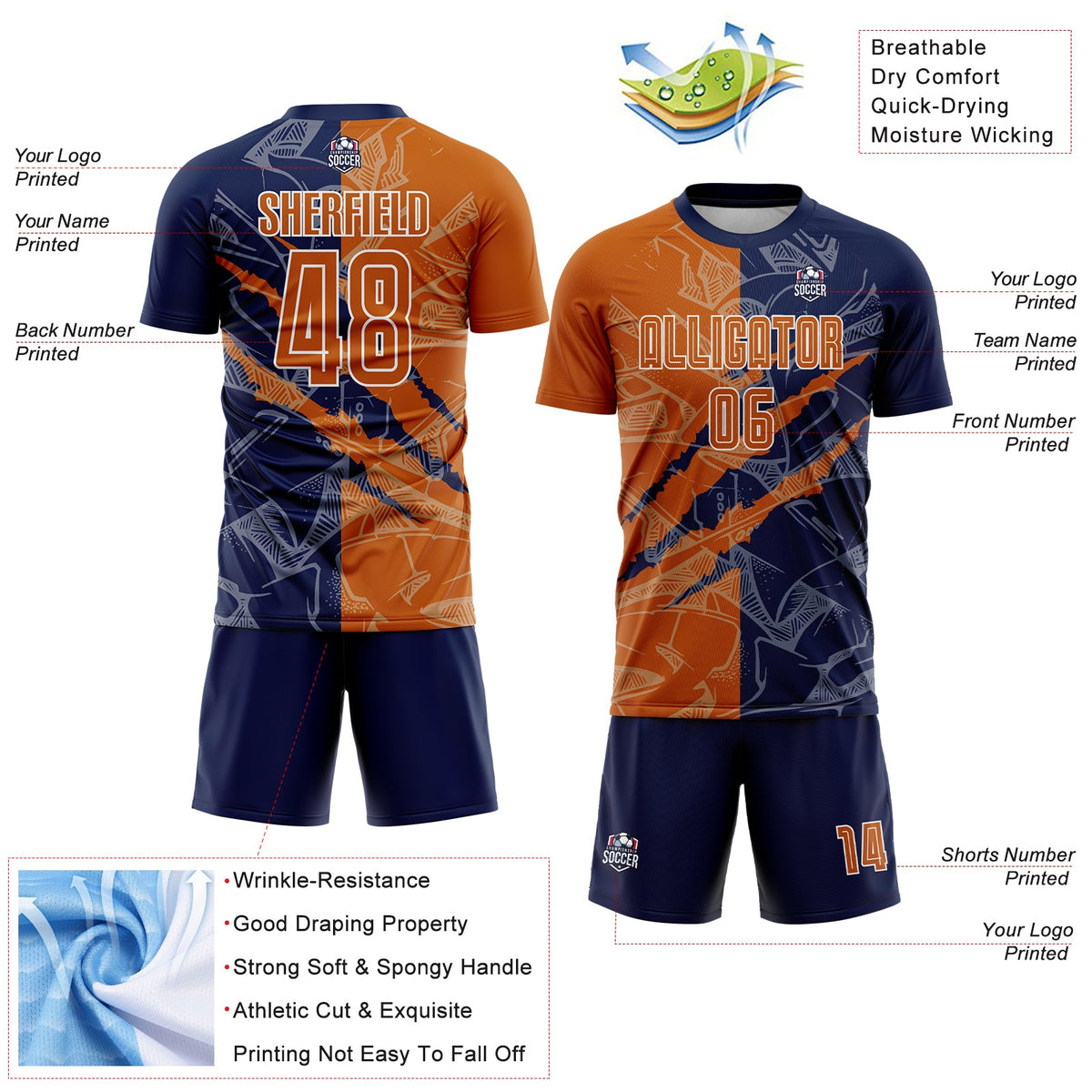 Custom Graffiti Pattern Texas Orange-Navy Scratch Sublimation Soccer Uniform Jersey Limited