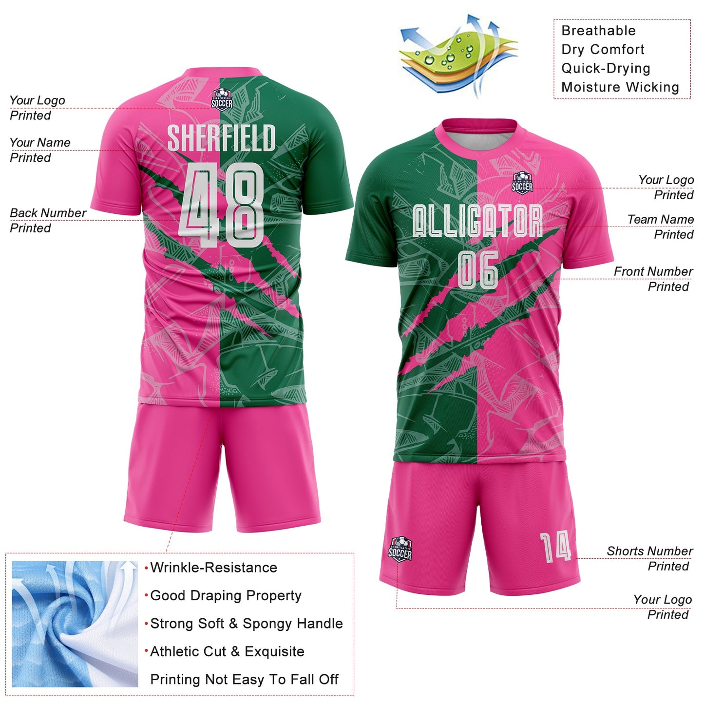 Custom Graffiti Pattern Kelly Green-Pink Scratch Sublimation Soccer Uniform Jersey Limited