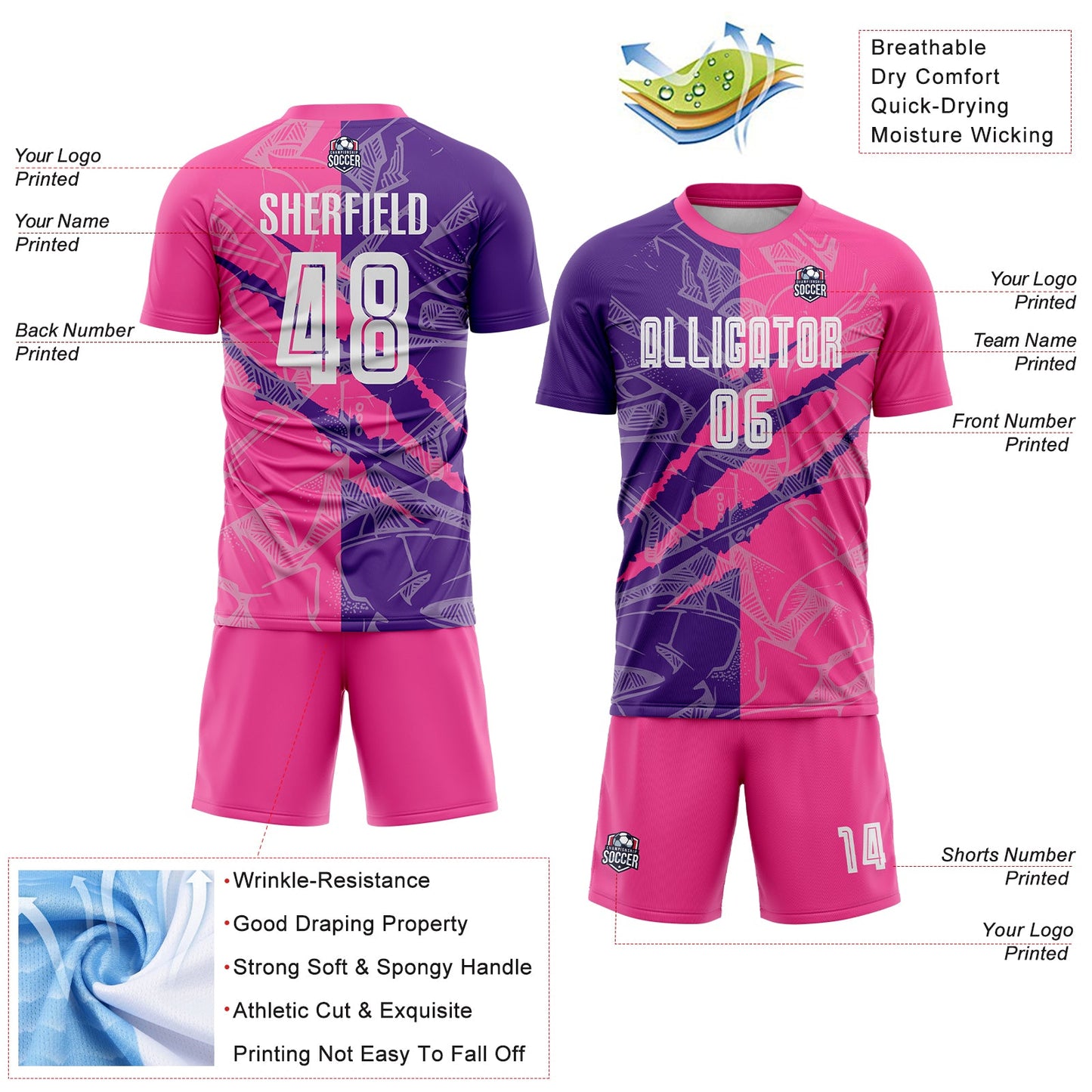 Custom Graffiti Pattern Purple-Pink Scratch Sublimation Soccer Uniform Jersey Limited