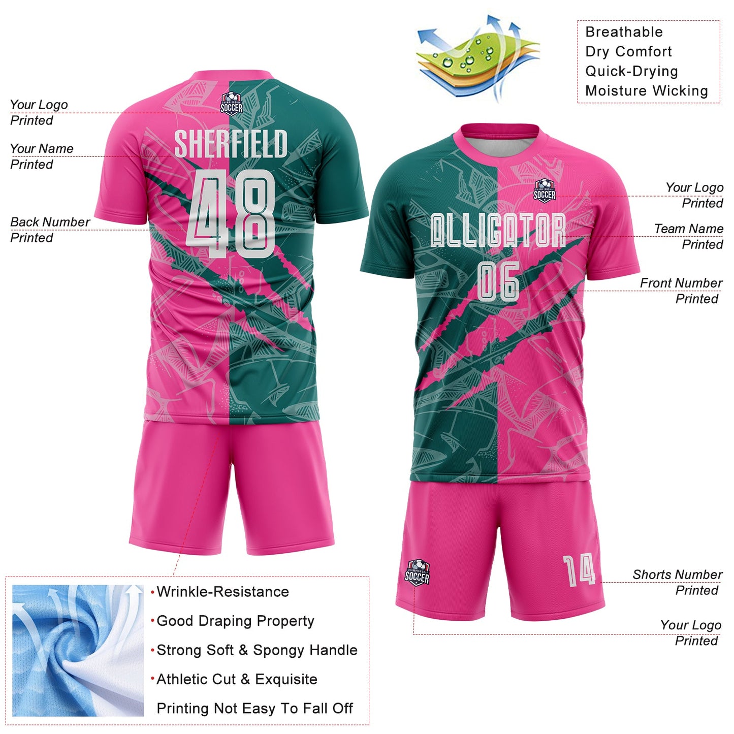 Custom Graffiti Pattern Teal-Pink Scratch Sublimation Soccer Uniform Jersey Limited