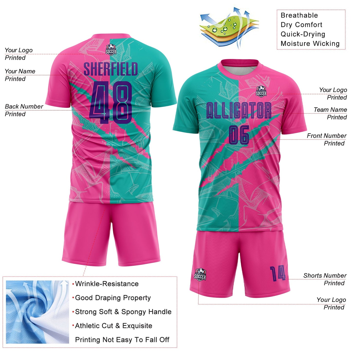 Custom Graffiti Pattern Purple Teal-Pink Scratch Sublimation Soccer Uniform Jersey Limited