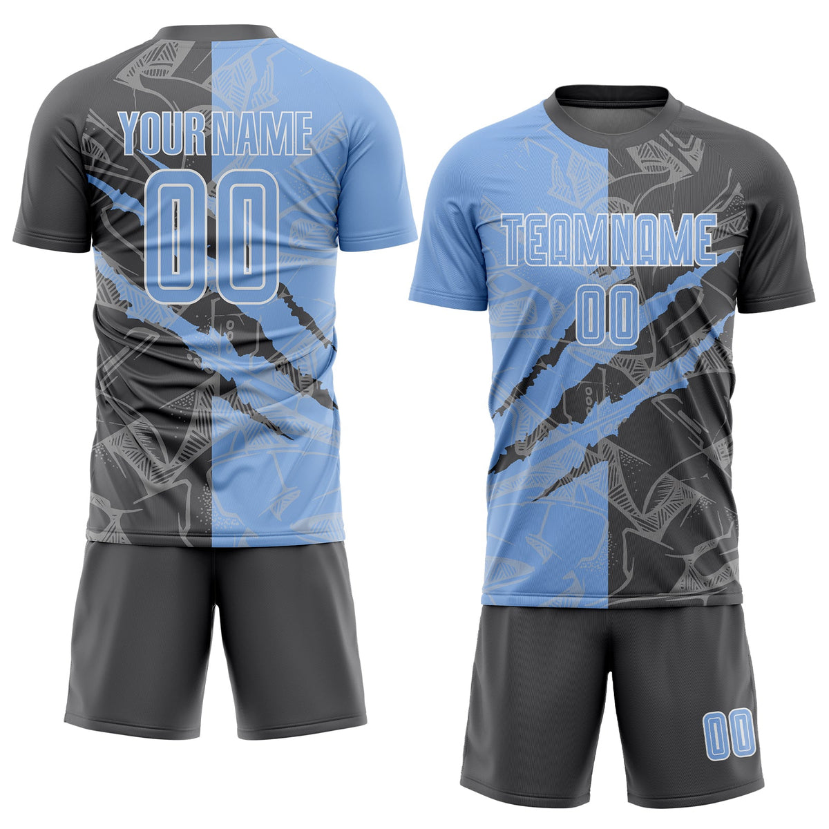 Custom Graffiti Pattern Light Blue-Steel Gray Scratch Sublimation Soccer Uniform Jersey Limited