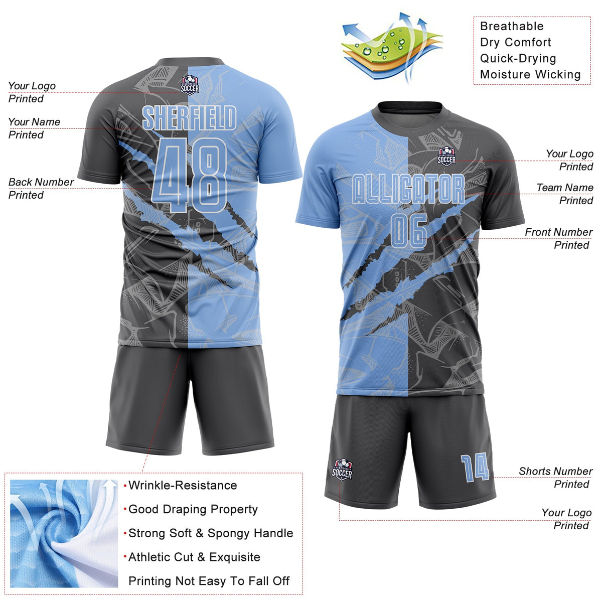 Custom Graffiti Pattern Light Blue-Steel Gray Scratch Sublimation Soccer Uniform Jersey Limited