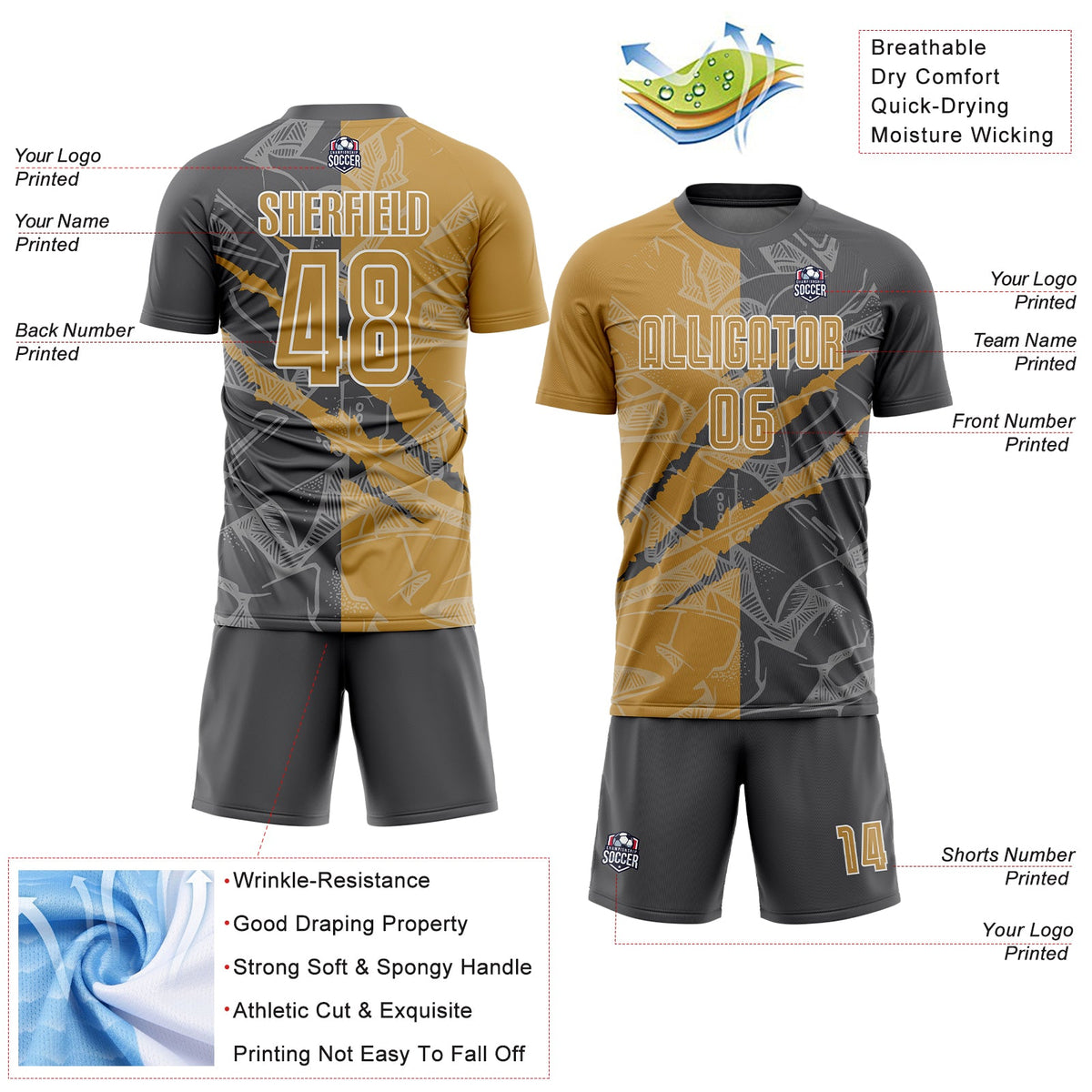 Custom Graffiti Pattern Old Gold-Steel Gray Scratch Sublimation Soccer Uniform Jersey Limited