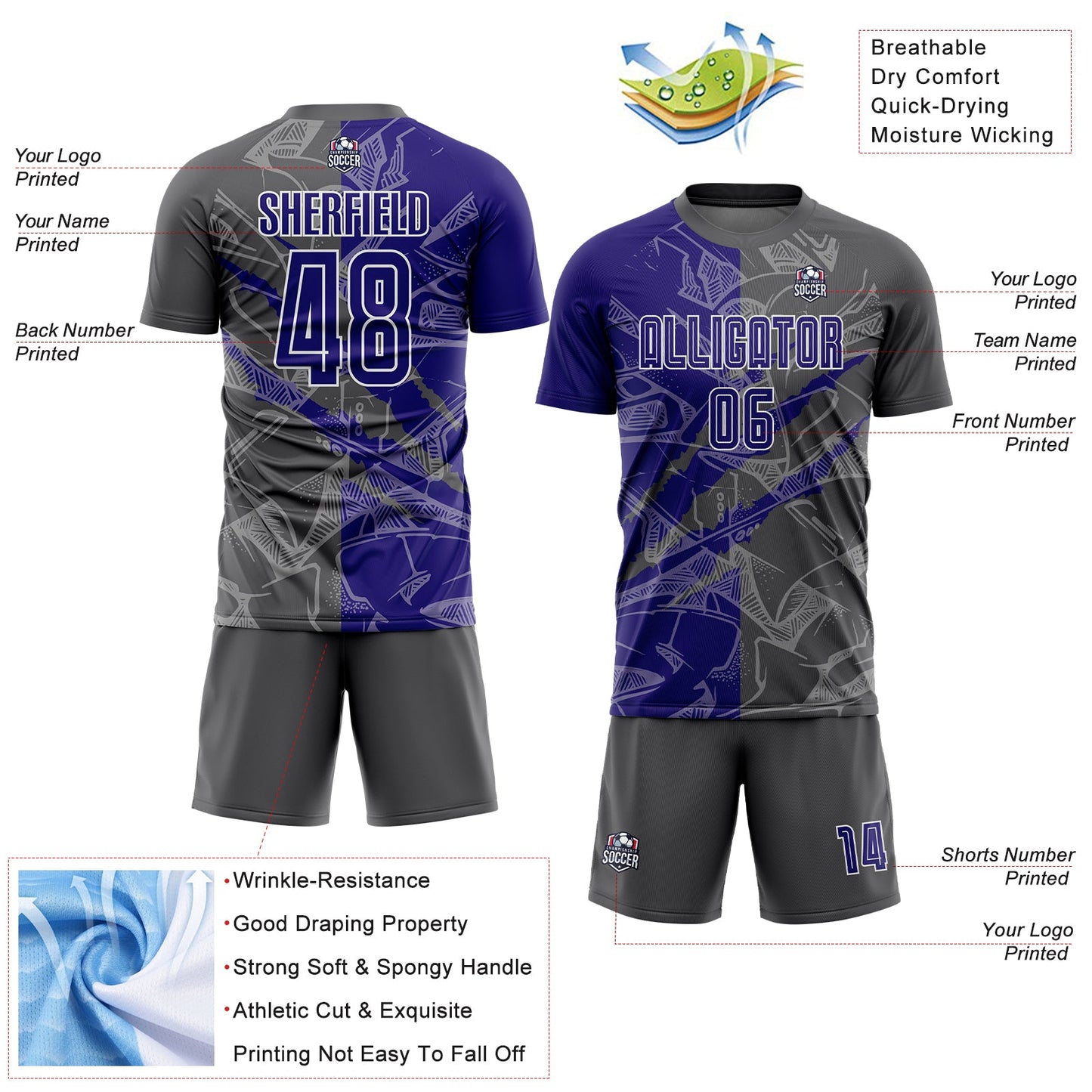 Custom Graffiti Pattern Dark Purple-Steel Gray Scratch Sublimation Soccer Uniform Jersey Limited