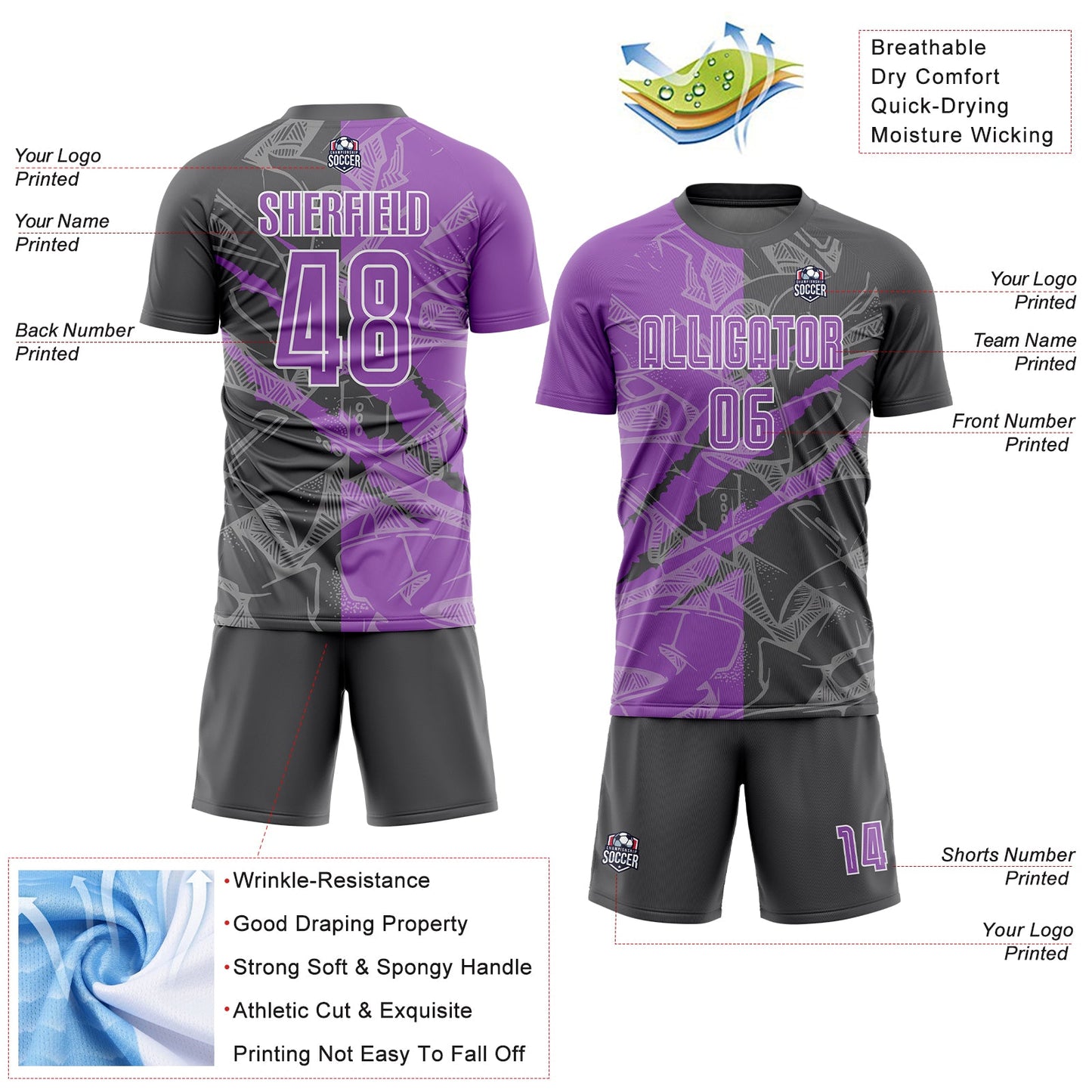 Custom Graffiti Pattern Medium Purple-Steel Gray Scratch Sublimation Soccer Uniform Jersey Limited