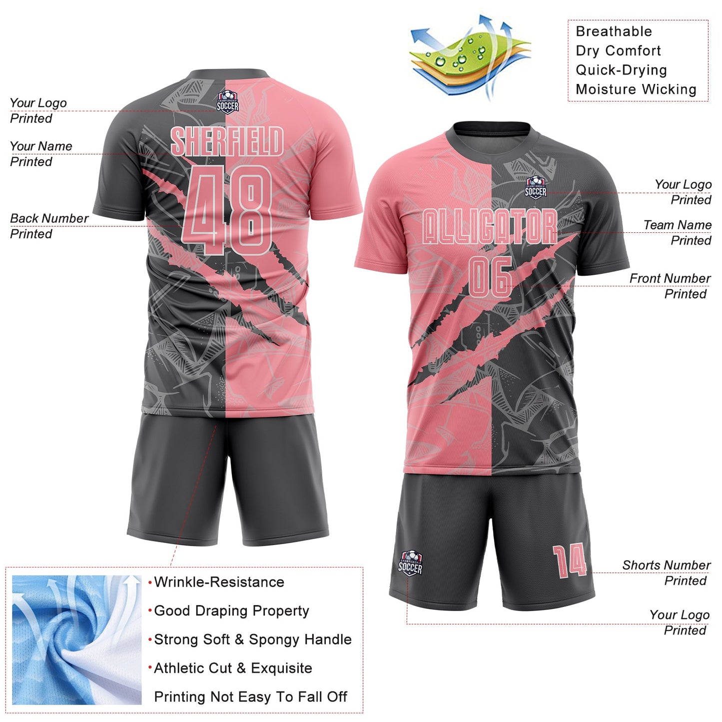 Custom Graffiti Pattern Medium Pink-Steel Gray Scratch Sublimation Soccer Uniform Jersey Limited