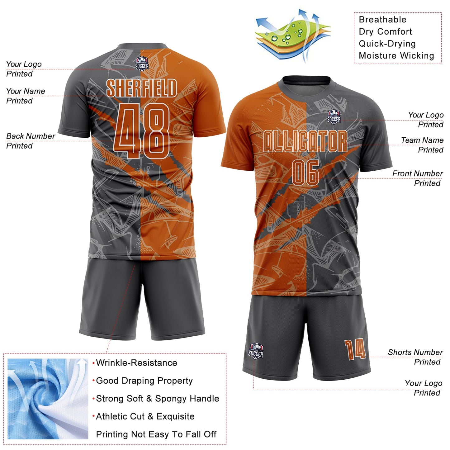 Custom Graffiti Pattern Texas Orange-Steel Gray Scratch Sublimation Soccer Uniform Jersey Limited