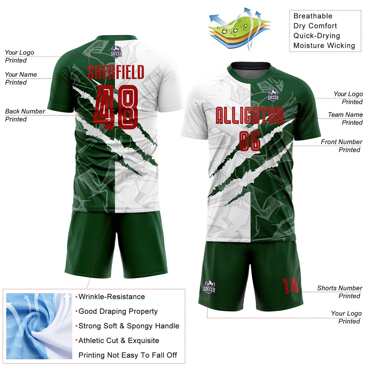 Custom Graffiti Pattern Red-Green Scratch Sublimation Soccer Uniform Jersey Limited