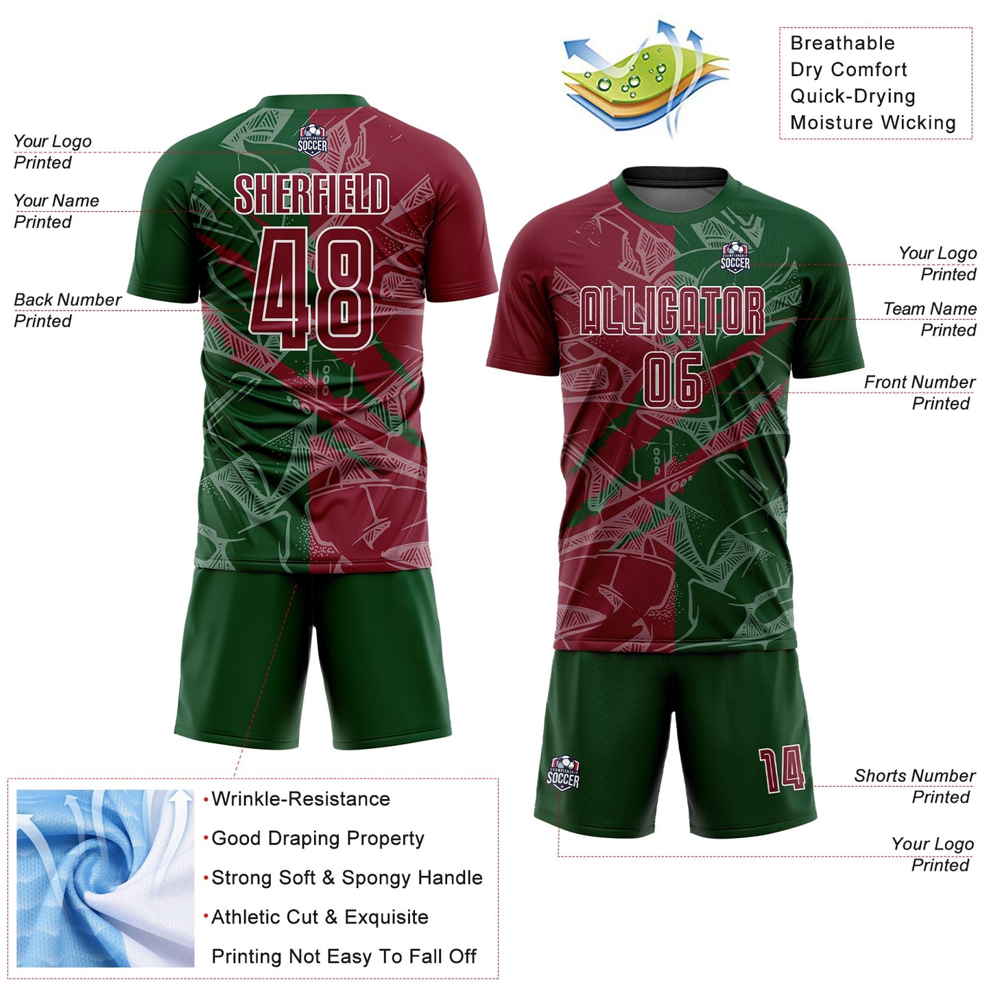 Custom Graffiti Pattern Crimson-Green Scratch Sublimation Soccer Uniform Jersey Limited