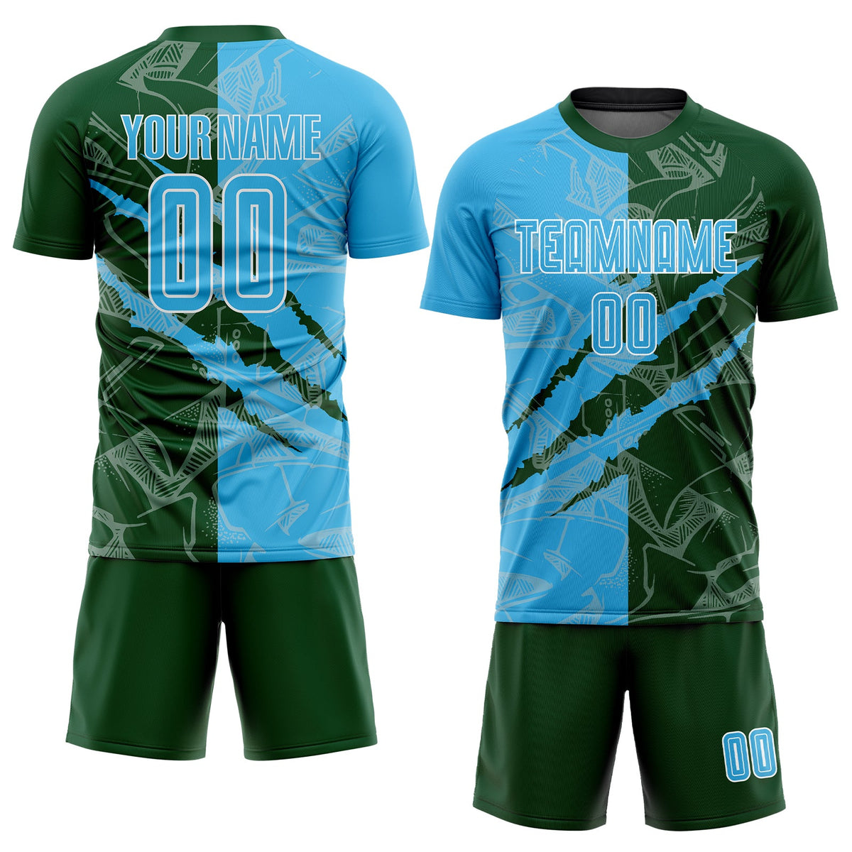 Custom Graffiti Pattern Sky Blue-Green Scratch Sublimation Soccer Uniform Jersey Limited