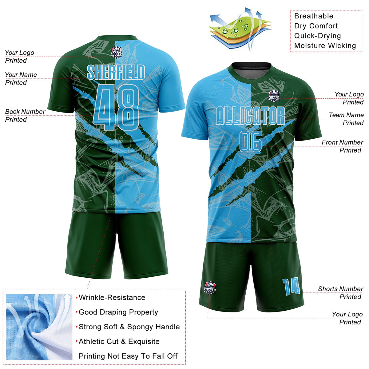 Custom Graffiti Pattern Sky Blue-Green Scratch Sublimation Soccer Uniform Jersey Limited