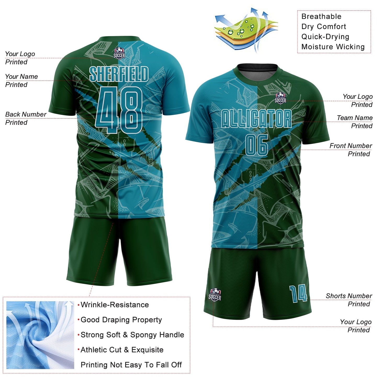 Custom Graffiti Pattern Teal-Green Scratch Sublimation Soccer Uniform Jersey Limited