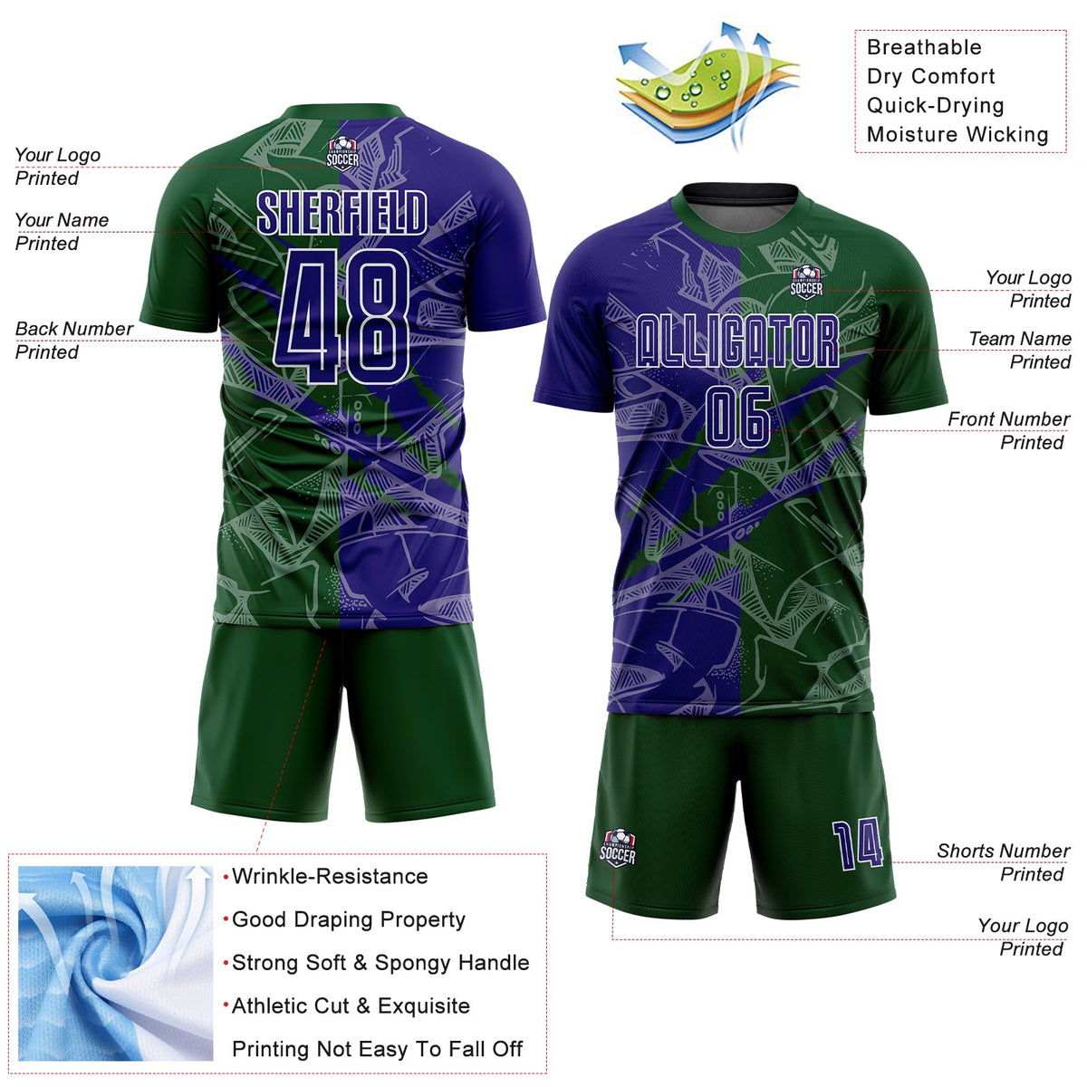 Custom Graffiti Pattern Dark Purple-Green Scratch Sublimation Soccer Uniform Jersey Limited