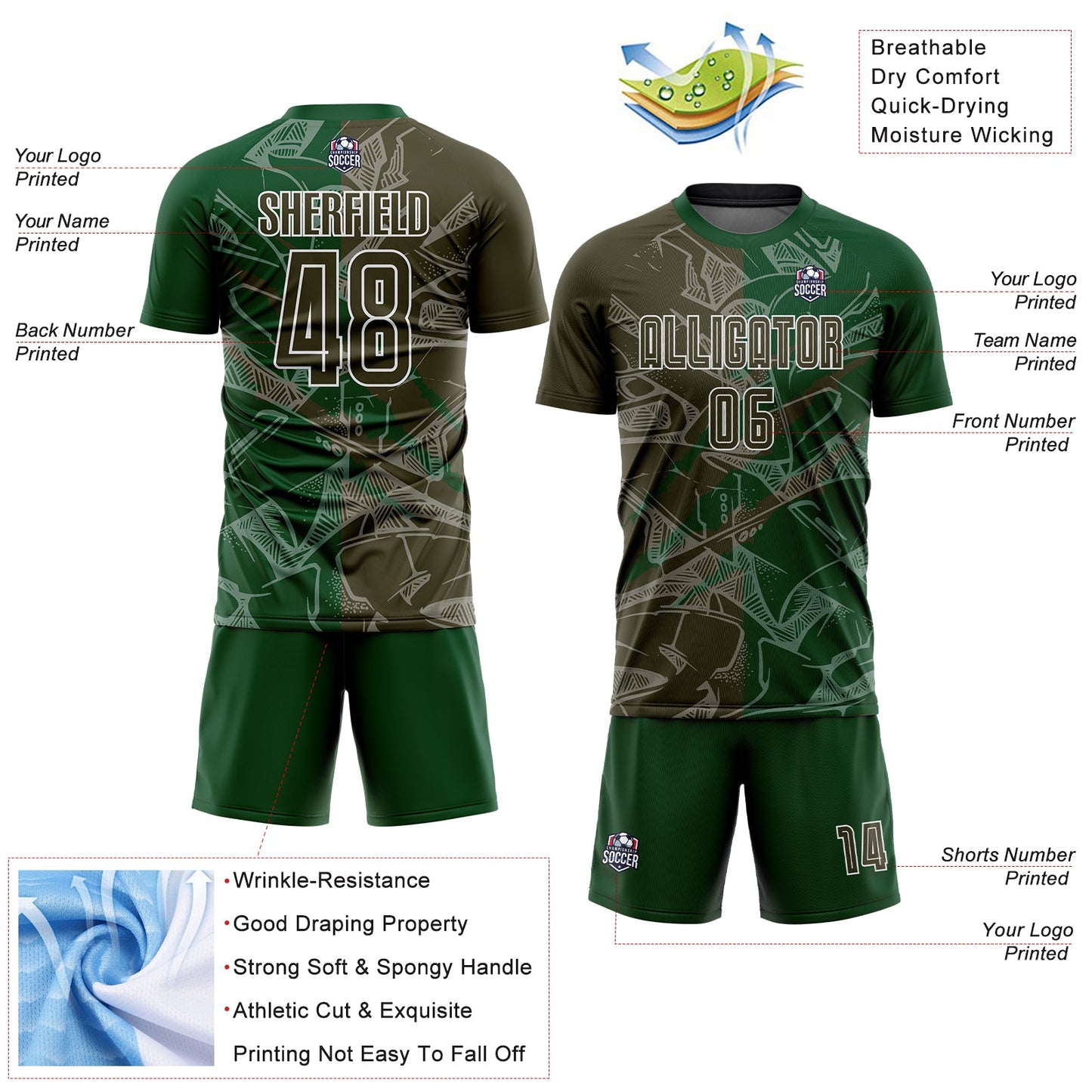 Custom Graffiti Pattern Olive-Green Scratch Sublimation Soccer Uniform Jersey Limited
