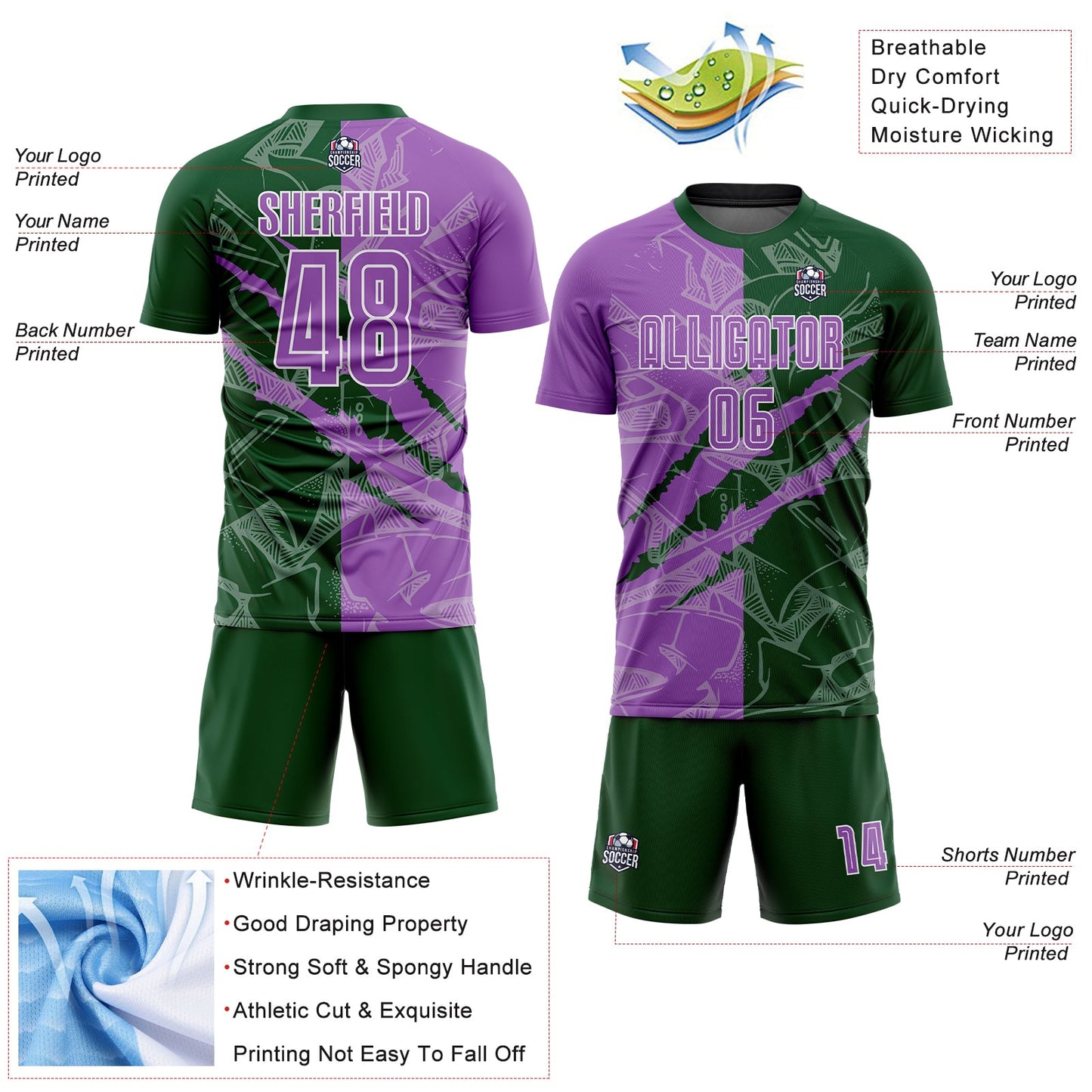 Custom Graffiti Pattern Medium Purple-Green Scratch Sublimation Soccer Uniform Jersey Limited