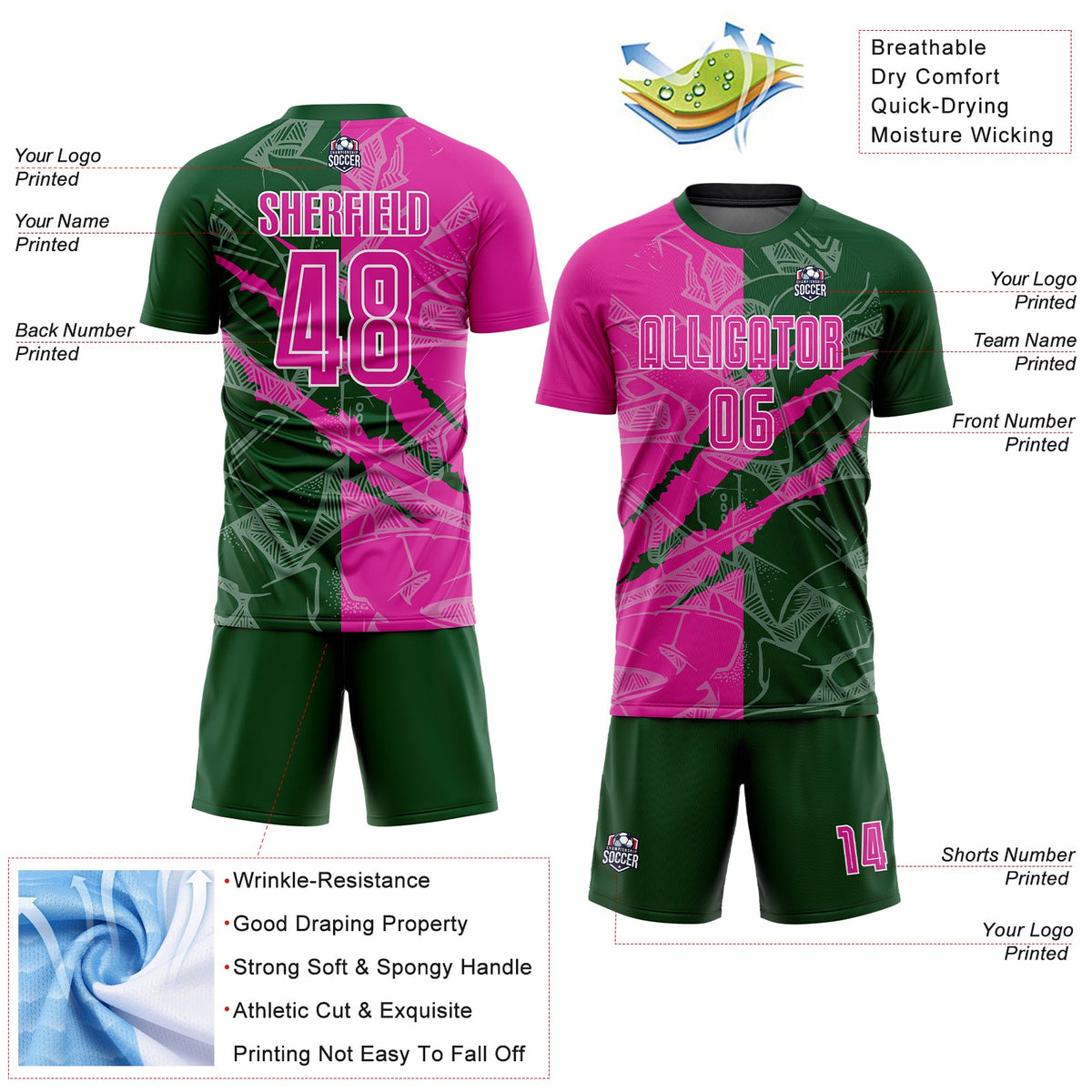 Custom Graffiti Pattern Deep Pink-Green Scratch Sublimation Soccer Uniform Jersey Limited