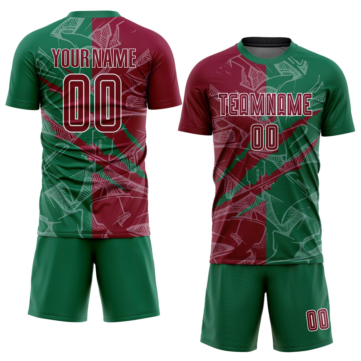 Custom Graffiti Pattern Maroon-Kelly Green Scratch Sublimation Soccer Uniform Jersey Limited