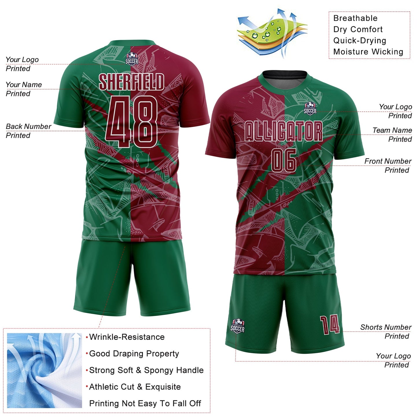 Custom Graffiti Pattern Maroon-Kelly Green Scratch Sublimation Soccer Uniform Jersey Limited