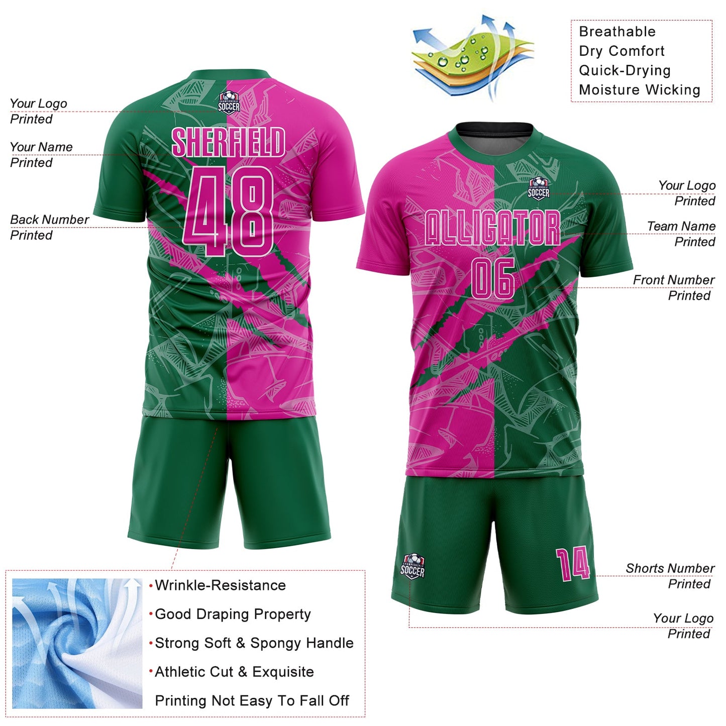 Custom Graffiti Pattern Deep Pink-Kelly Green Scratch Sublimation Soccer Uniform Jersey Limited