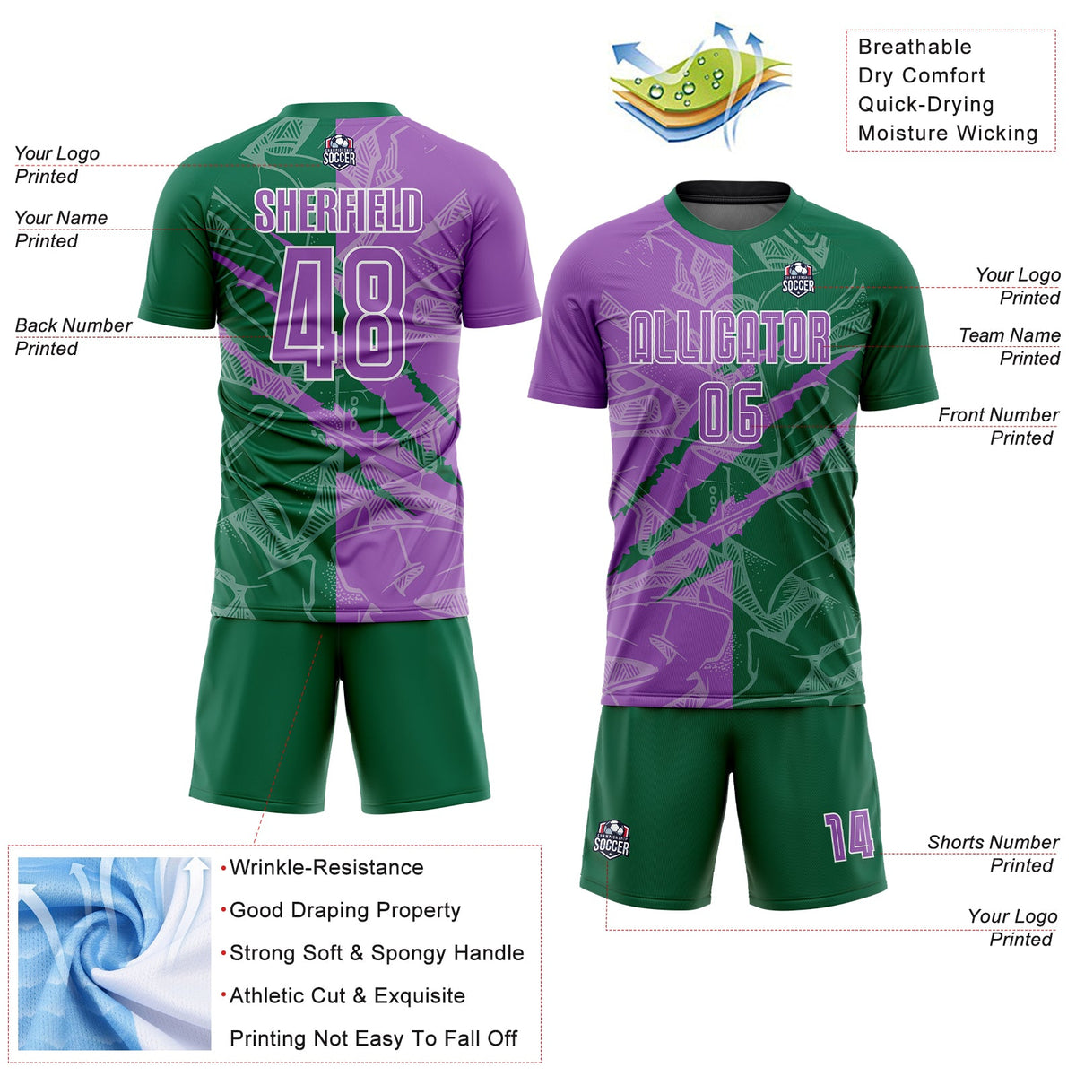 Custom Graffiti Pattern Medium Purple-Kelly Green Scratch Sublimation Soccer Uniform Jersey Limited