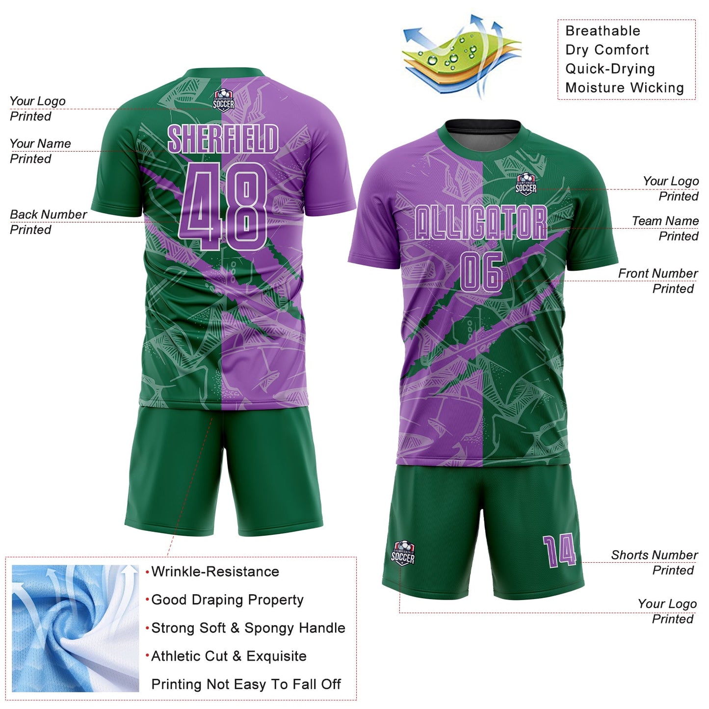 Custom Graffiti Pattern Medium Purple-Kelly Green Scratch Sublimation Soccer Uniform Jersey Limited