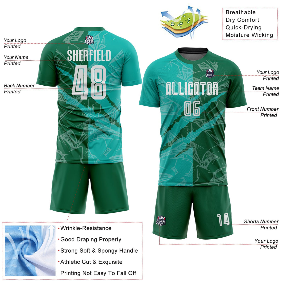 Custom Graffiti Pattern Aqua-Kelly Green Scratch Sublimation Soccer Uniform Jersey Limited