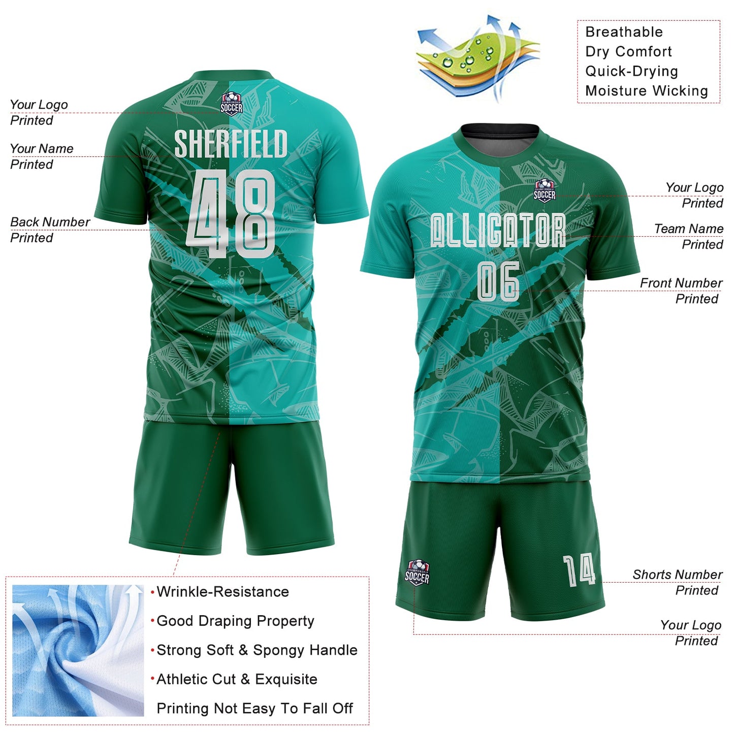 Custom Graffiti Pattern Aqua-Kelly Green Scratch Sublimation Soccer Uniform Jersey Limited