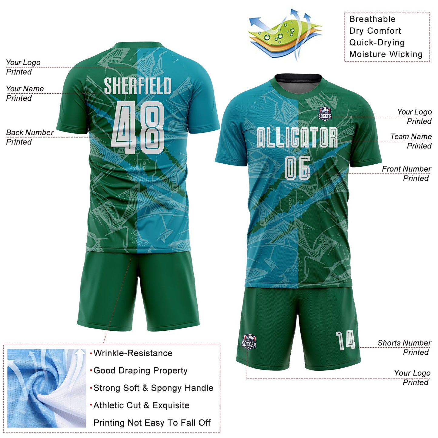 Custom Graffiti Pattern Teal-Kelly Green Scratch Sublimation Soccer Uniform Jersey Limited