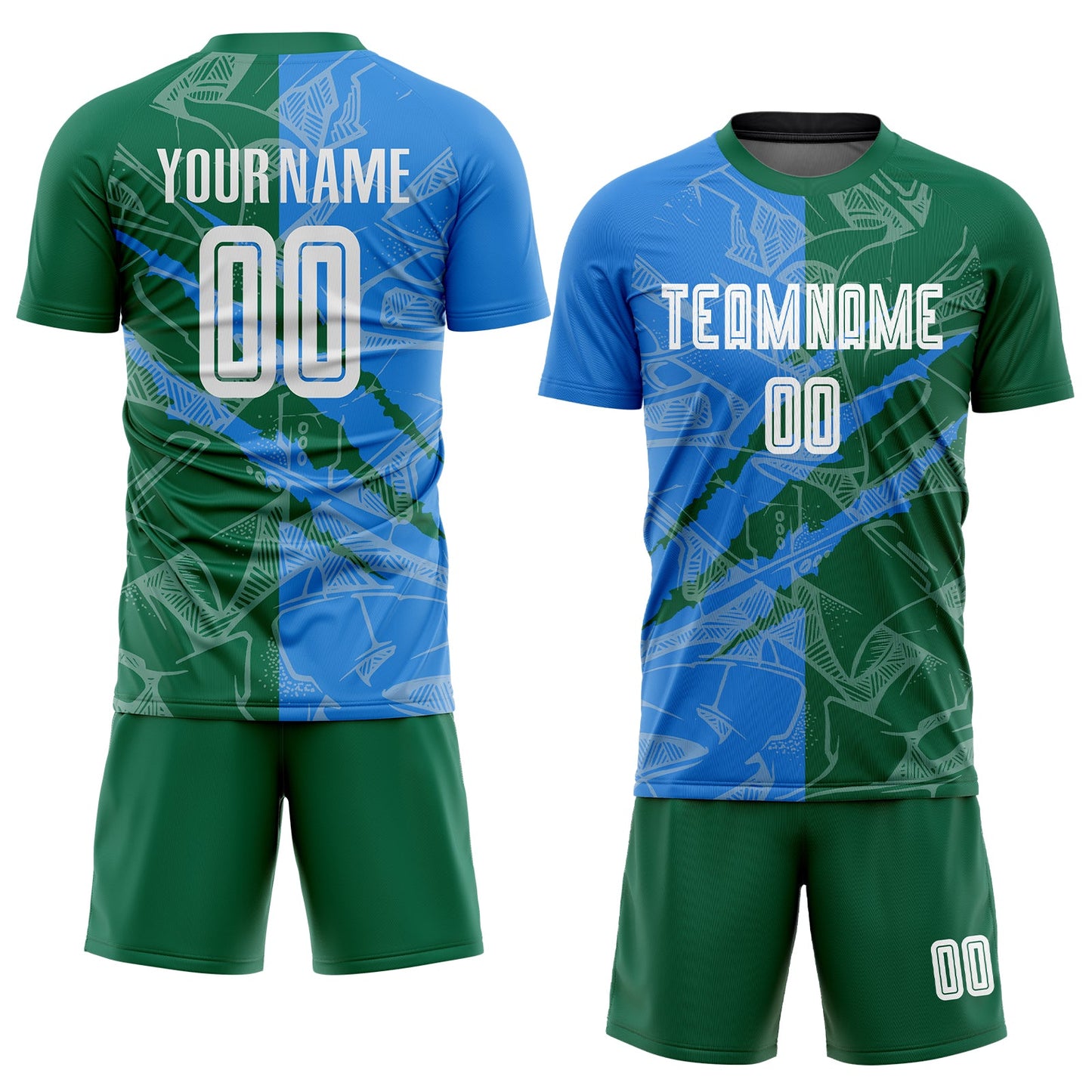 Custom Graffiti Pattern Powder Blue-Kelly Green Scratch Sublimation Soccer Uniform Jersey Limited