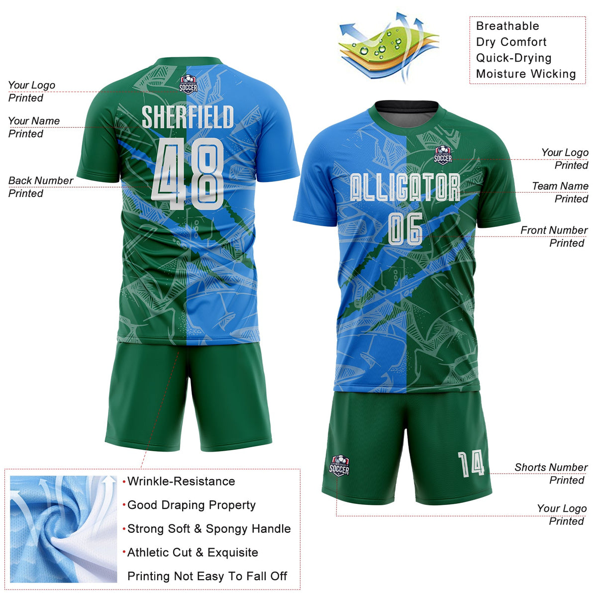 Custom Graffiti Pattern Powder Blue-Kelly Green Scratch Sublimation Soccer Uniform Jersey Limited