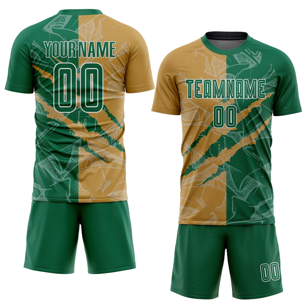 Custom Graffiti Pattern Kelly Green-Old Gold Scratch Sublimation Soccer Uniform Jersey Limited