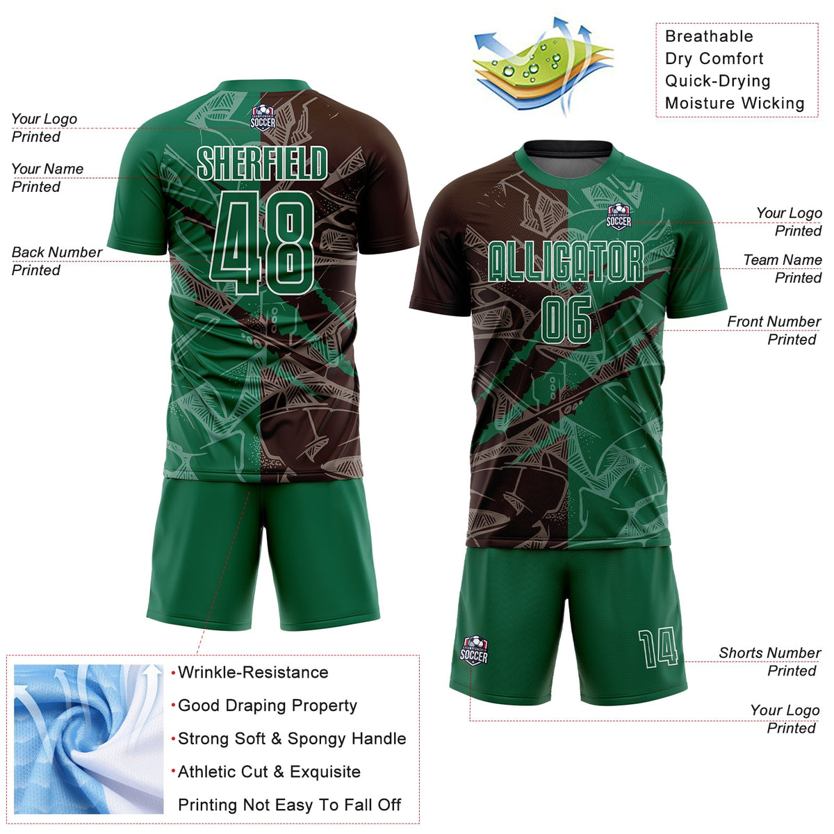 Custom Graffiti Pattern Kelly Green-Brown Scratch Sublimation Soccer Uniform Jersey Limited
