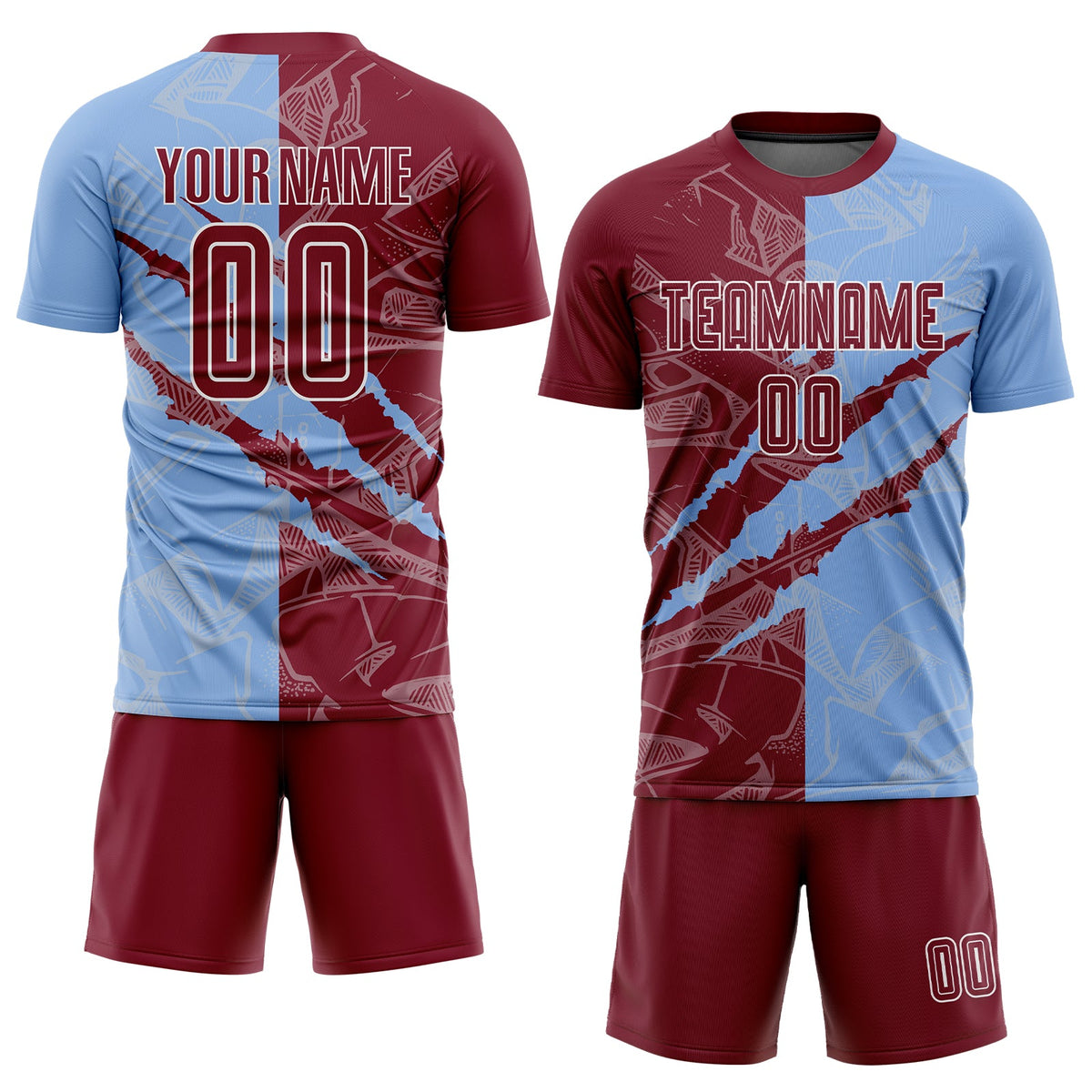 Custom Graffiti Pattern Crimson-Light Blue Scratch Sublimation Soccer Uniform Jersey Limited