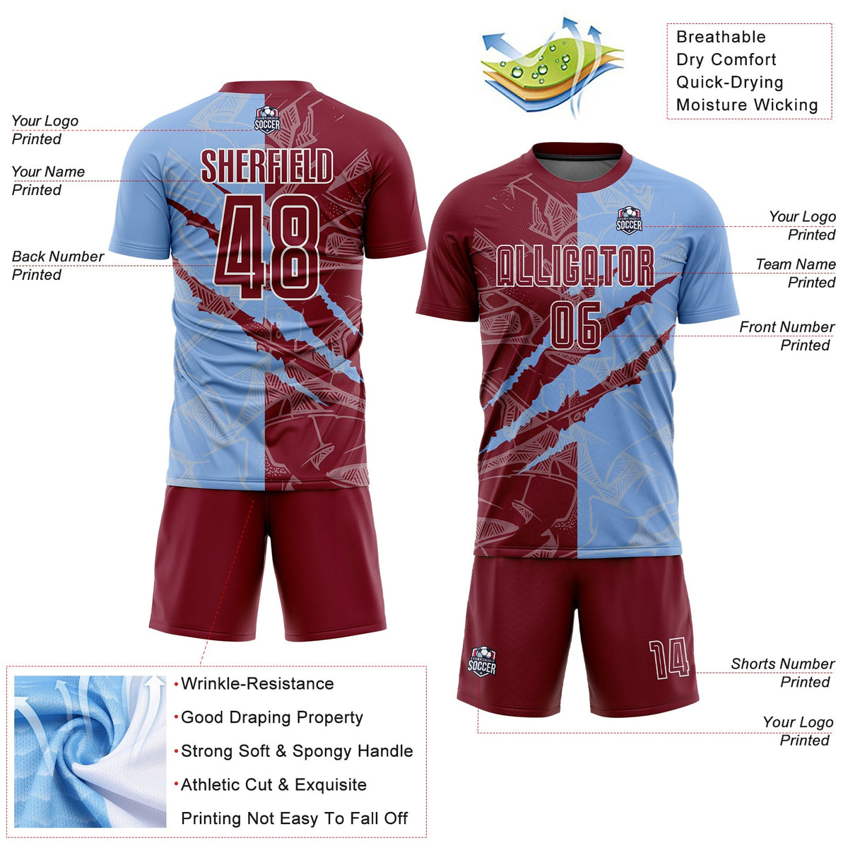 Custom Graffiti Pattern Crimson-Light Blue Scratch Sublimation Soccer Uniform Jersey Limited